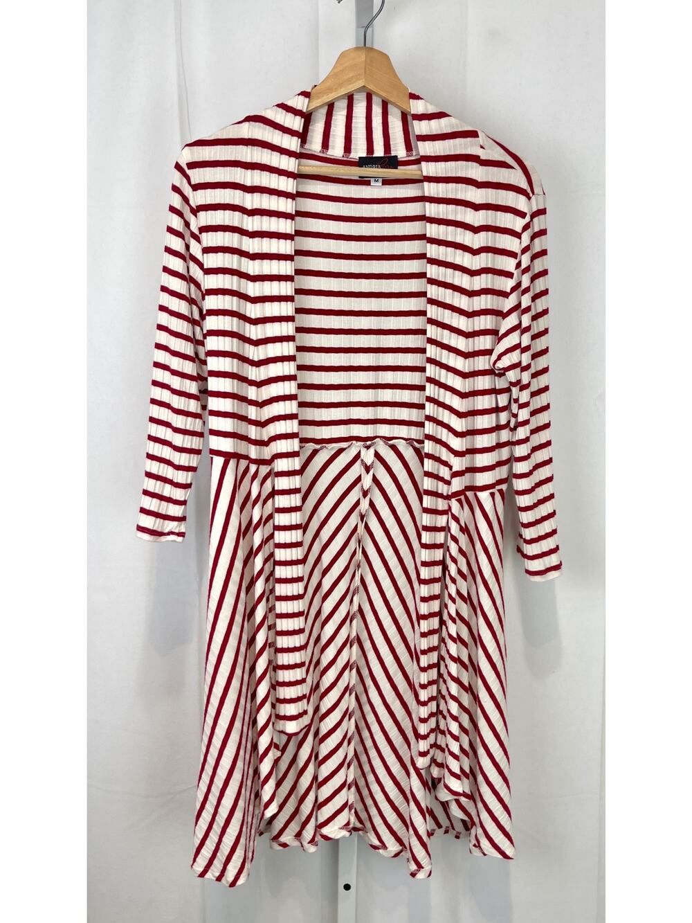 ANDREA LIEU Collection Striped Tie Front Cardigan Tunic Topper Red White Size M